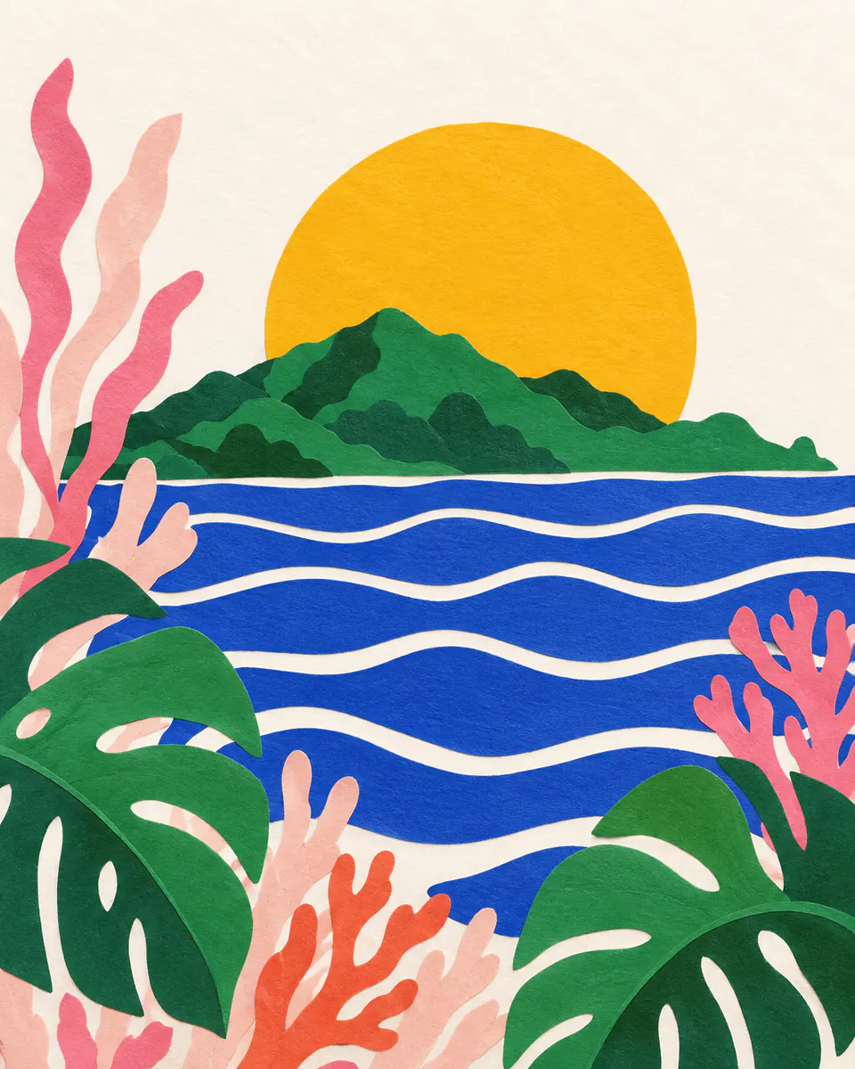 Paper-cutout style illustration: the sea and Santa Catarina Island